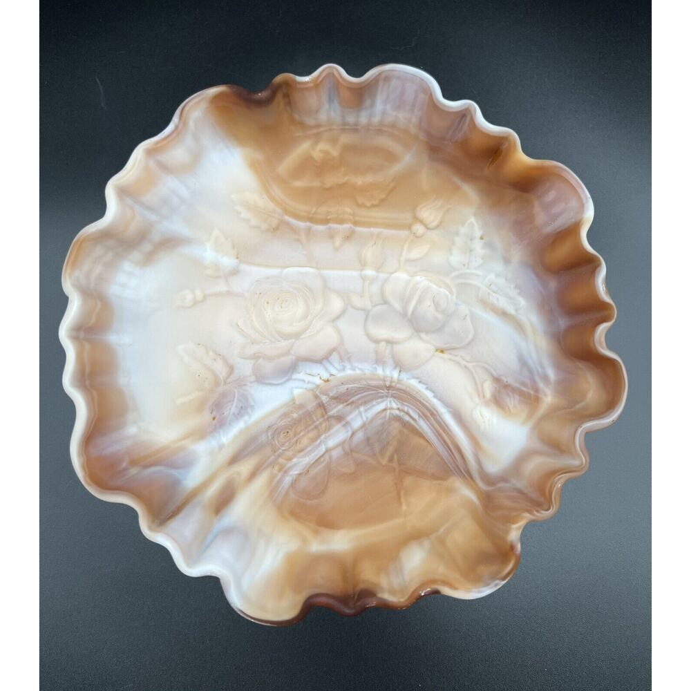 Vintage Imperial Caramel Slag Glass 3-Toed 8” Crimped Bowl 1960’s